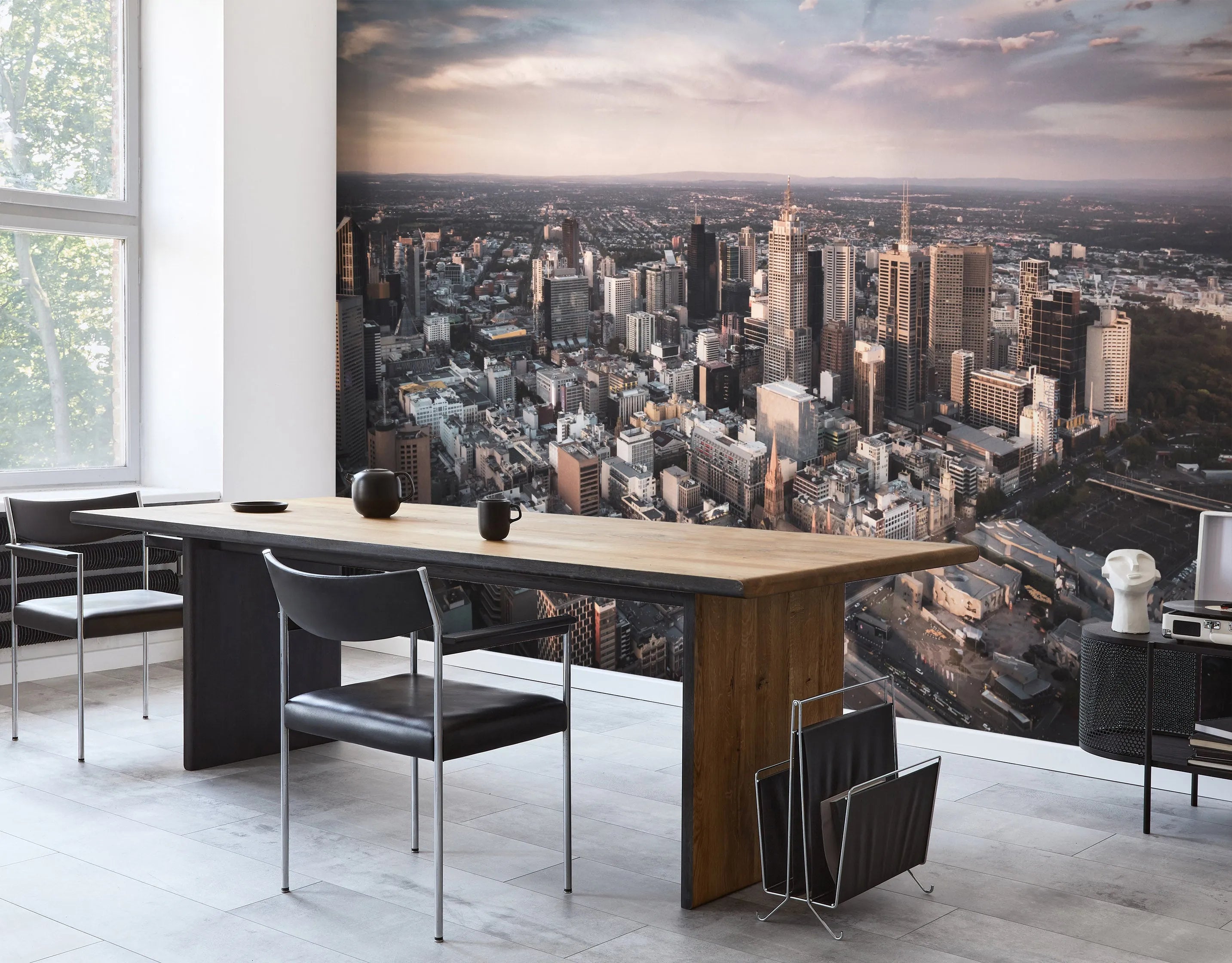 Contemporary finished interior with a refined wallcovering feature wall