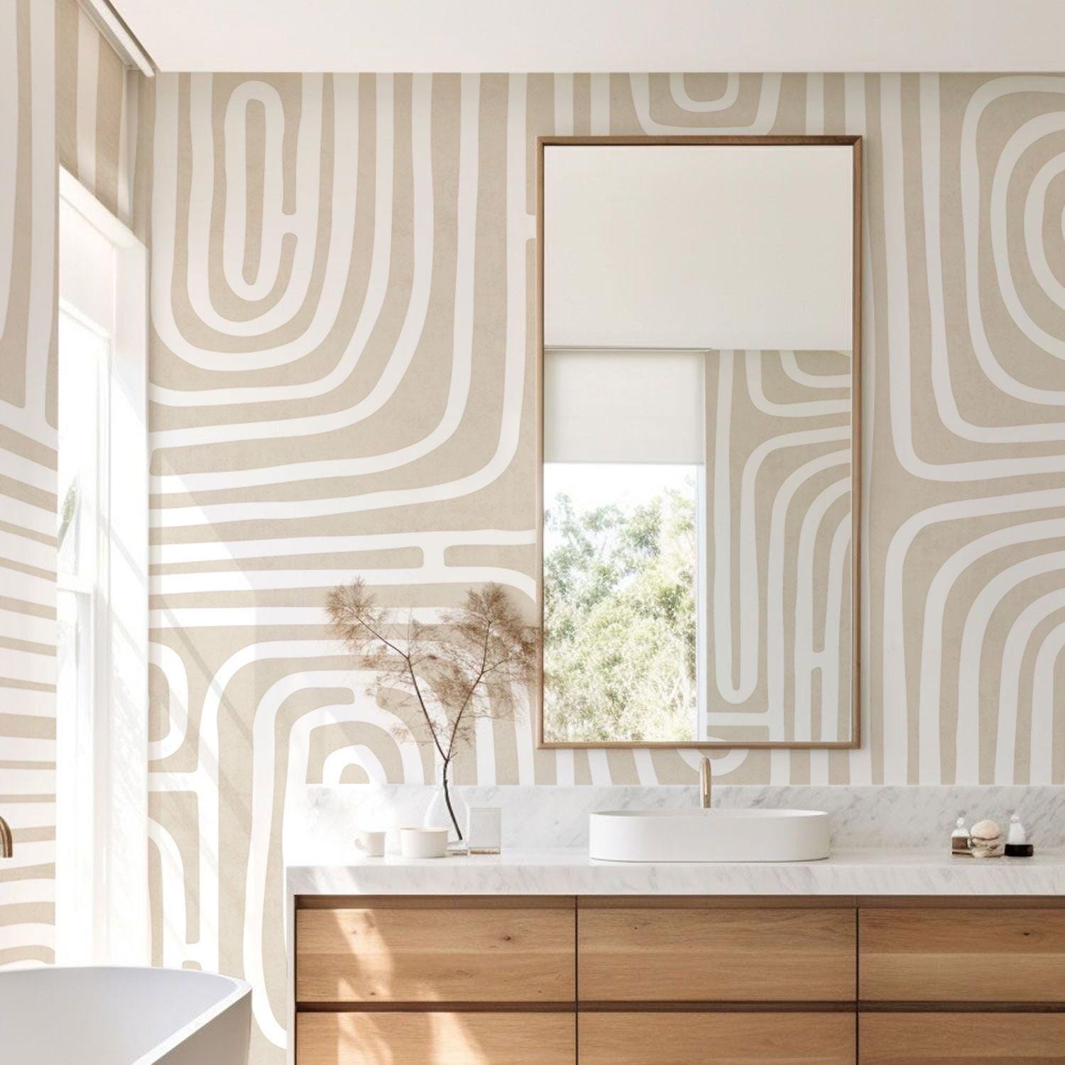 Geometric wallpaper in a contemporary bathroom interior