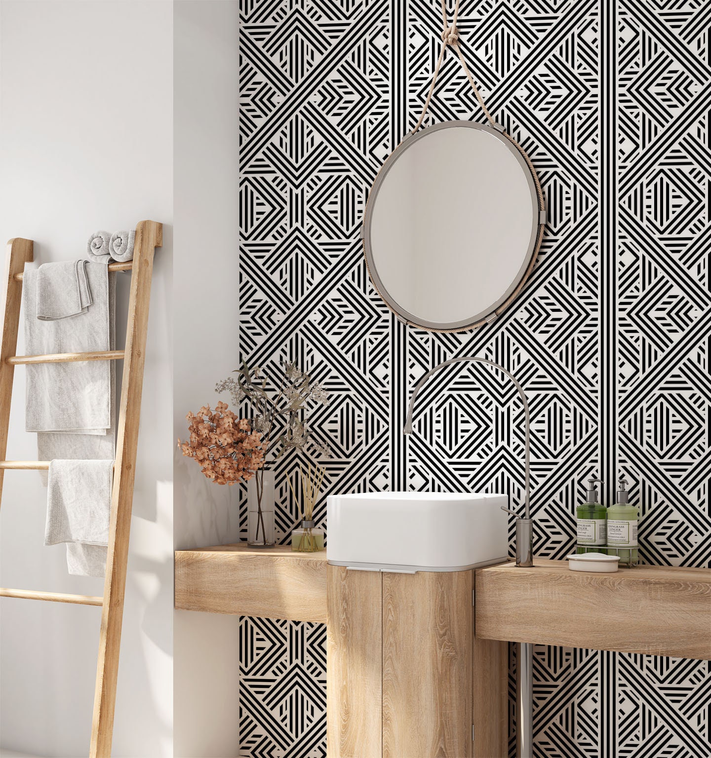 Wallpaper installation detail during a professional interior project